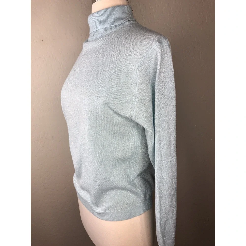 VTG BROADWAY SUBURBANITE SPORTSWEAR Blue Turtleneck‎ Sweater Silver Metallic - Picture 2 of 6